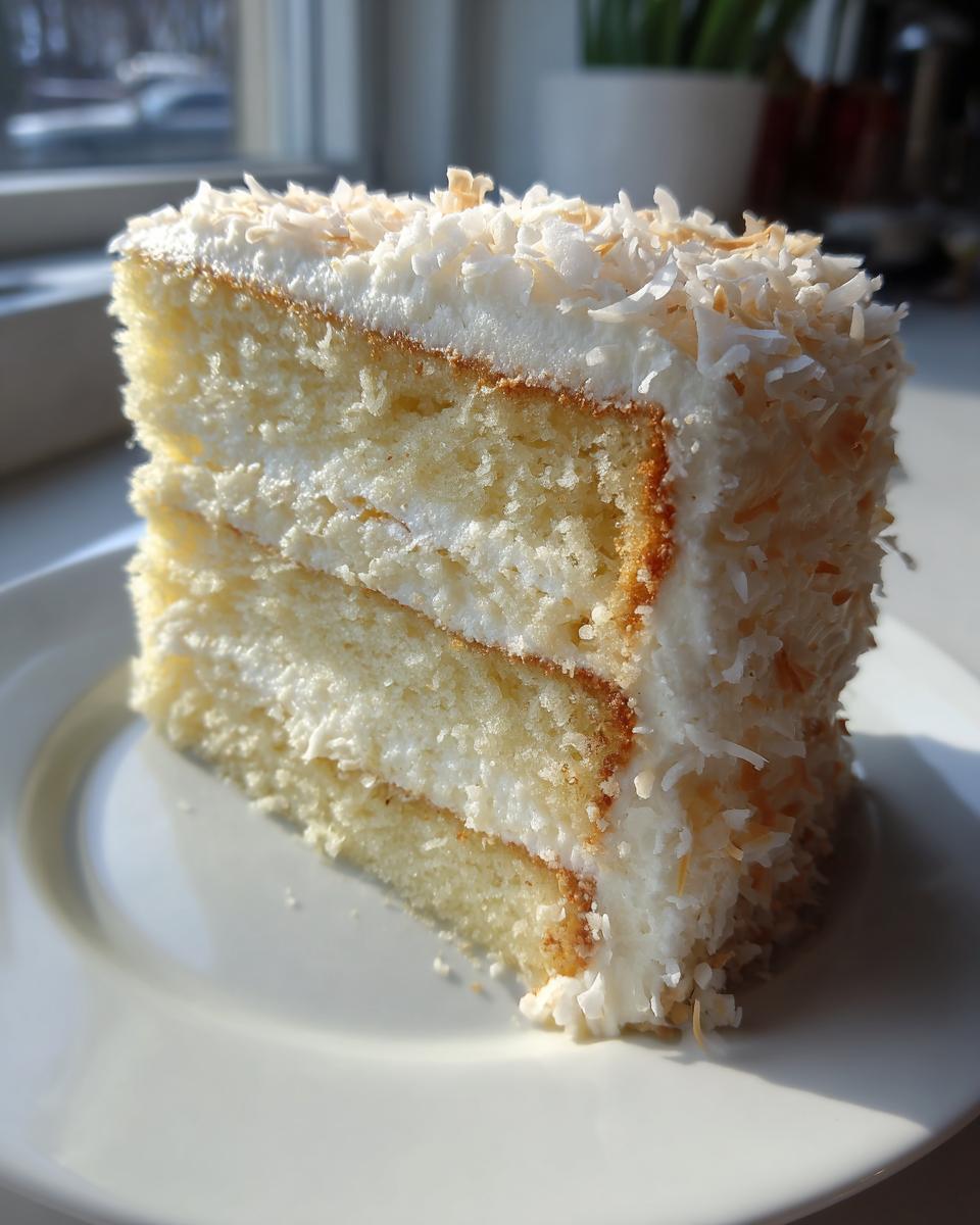 A tall slice of layered coconut cake recipe, covered in white frosting and toasted coconut flakes, sitting on a white plate.