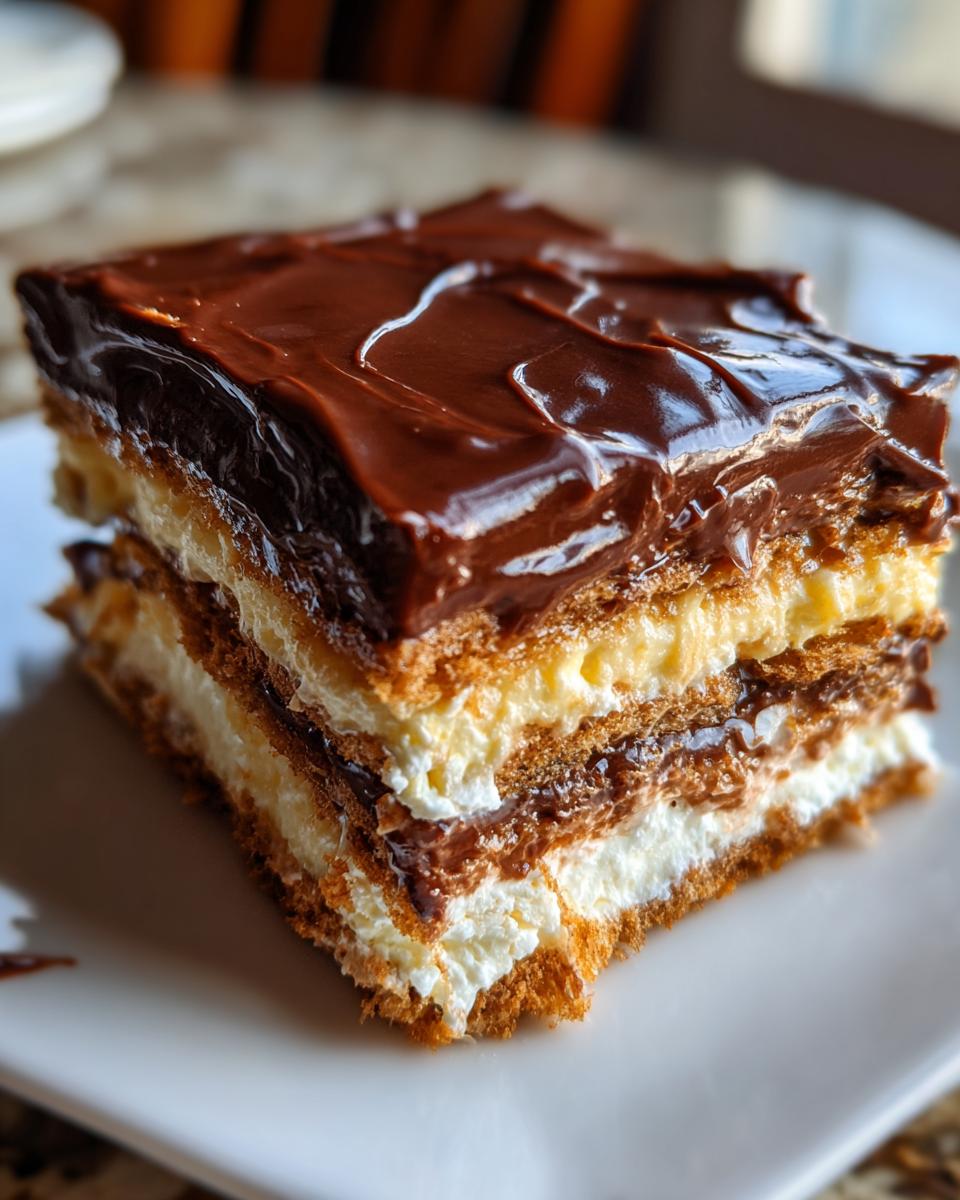 A decadent, layered slice of eclair cake featuring graham crackers, vanilla pudding, whipped cream, and a thick chocolate topping.