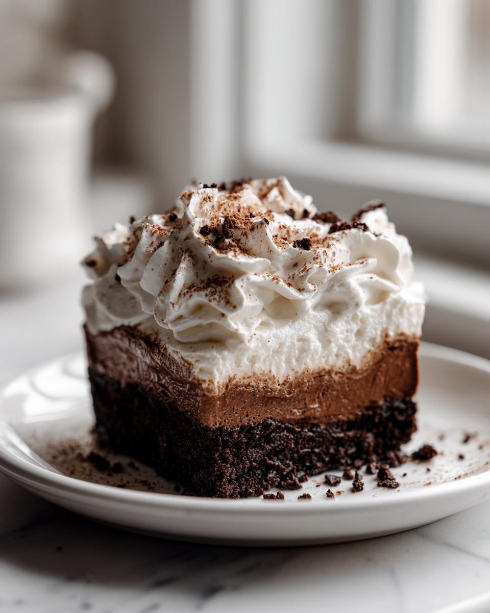 Close-up of a square slice of rich, layered mud pie with a dark crust, chocolate filling, and whipped cream topping.