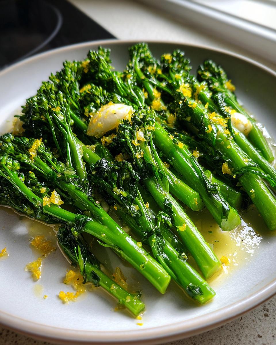 Close-up of vibrant green broccolini stalks tossed in lemon butter sauce with garlic and zest.
