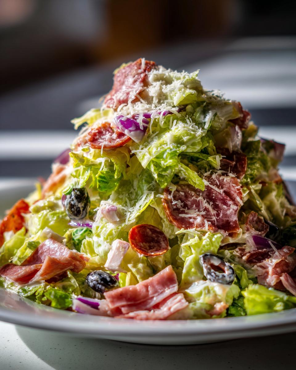 Close-up of a towering grinder salad featuring lettuce, salami, ham, red onion, olives, and grated Parmesan cheese.