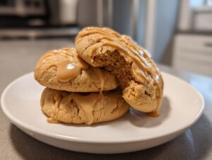 Three soft maple cookies stacked on a white plate, topped with a generous drizzle of brown butter icing.