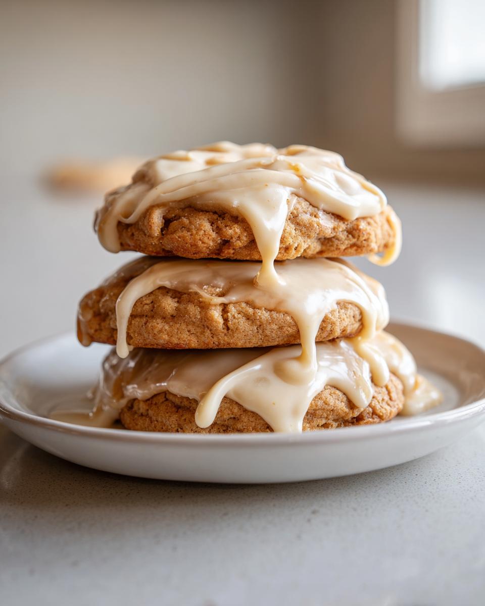 Three stacked maple cookies generously topped with dripping brown butter icing on a white plate.