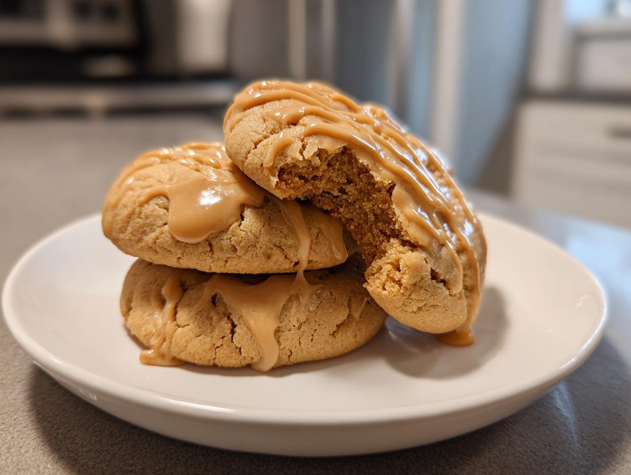 Three soft maple cookies stacked on a white plate, topped with a generous drizzle of brown butter icing.