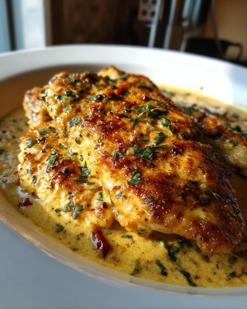 Close-up of seared chicken breasts smothered in a rich, creamy sauce, characteristic of Marry Me Chicken.