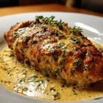 Close-up of a seared chicken breast covered in creamy Parmesan sauce, garnished with fresh thyme, representing Marry Me Chicken.