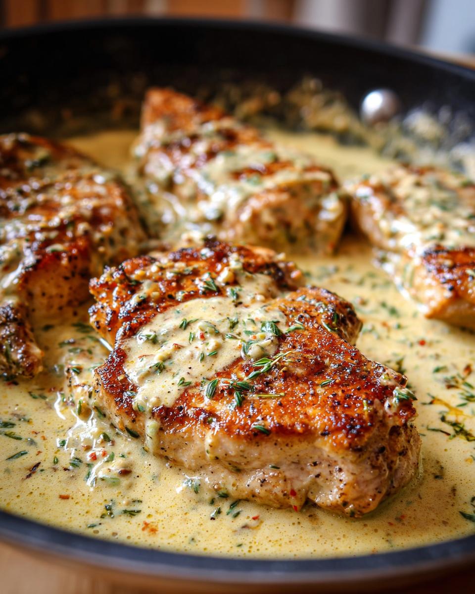 Four seared chicken breasts covered in a rich, creamy sauce with herbs, ready to serve as Marry Me Chicken.