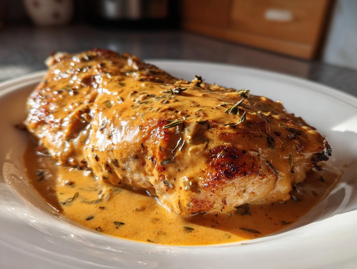 A close-up of a perfectly cooked chicken breast smothered in a rich, creamy sauce for Marry Me Chicken.