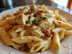 Close-up of a serving of Marry Me Chicken Pasta featuring penne, creamy sauce, chicken chunks, and sun-dried tomatoes.