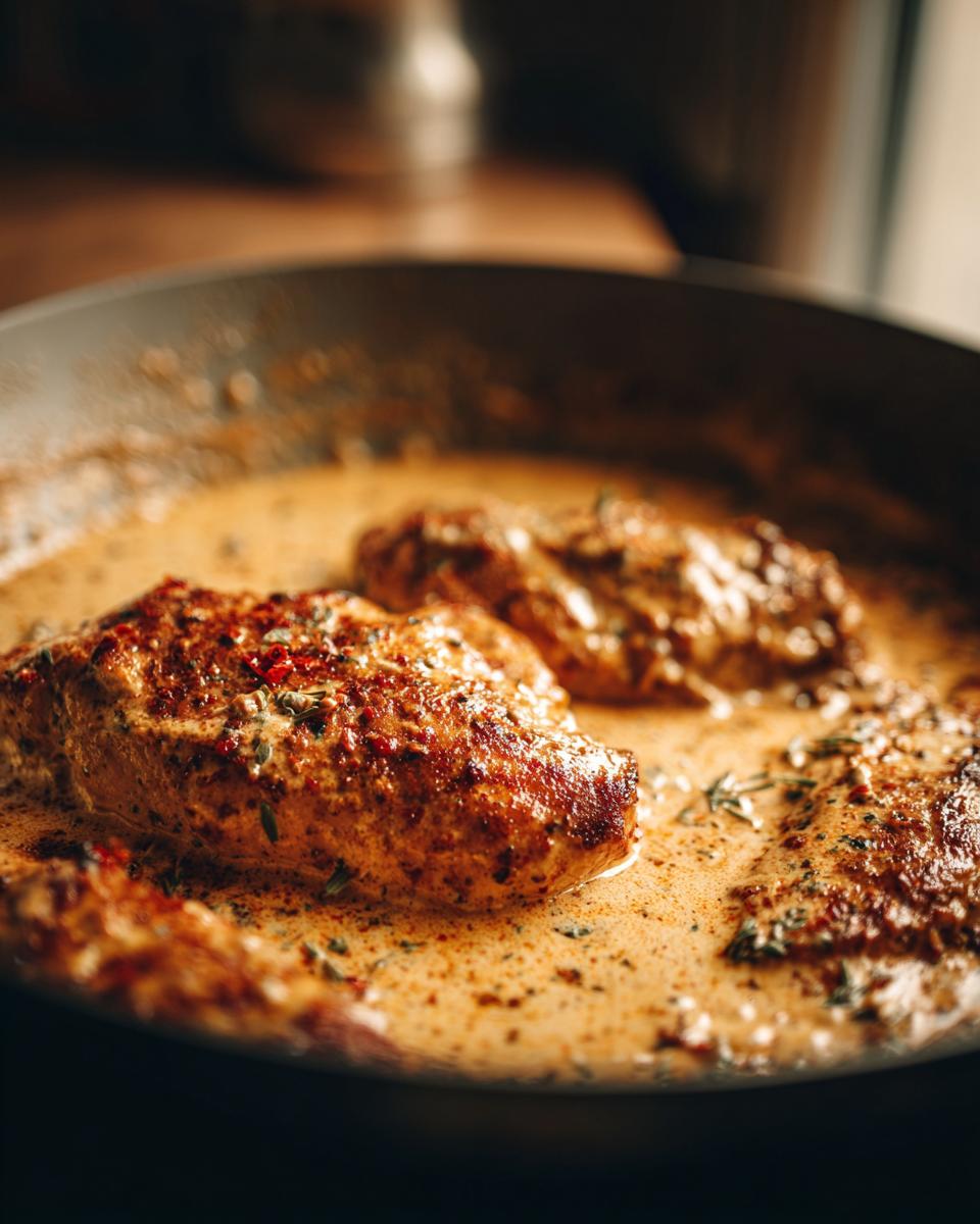 Close-up of seared chicken breasts simmering in a rich, creamy sauce, showcasing the Marry Me Chicken recipe.