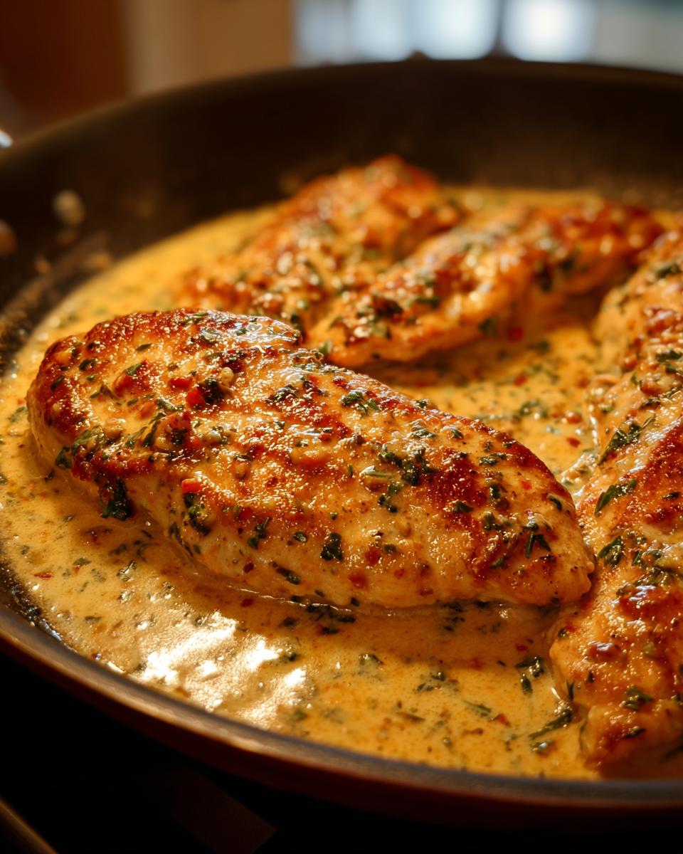 Close-up of seared chicken breasts simmering in a rich, creamy sauce, the signature look of Marry Me Chicken.