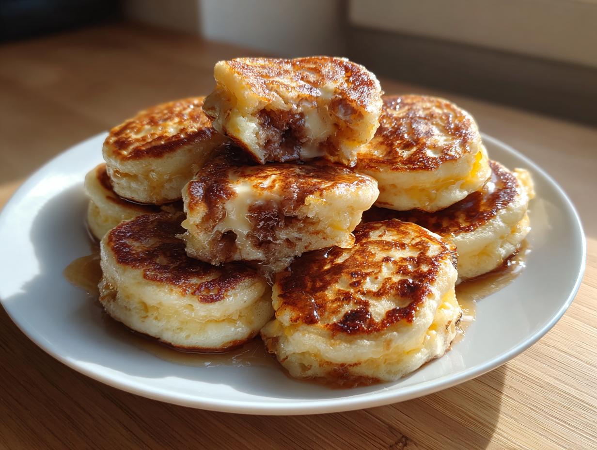A stack of golden-brown McGriddle bites drizzled with syrup, one broken open showing the filling.