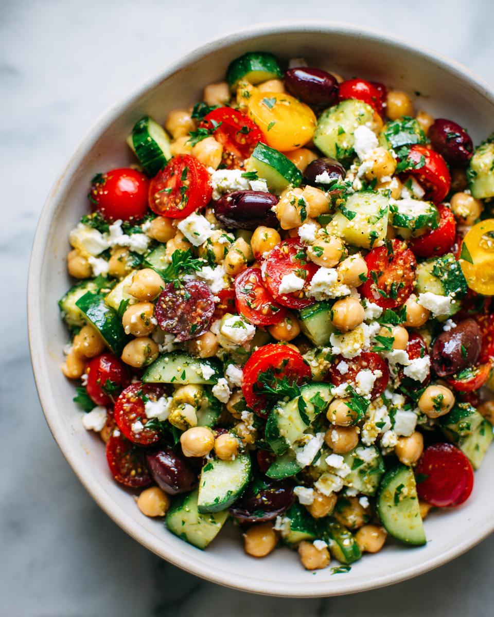 Overhead view of a vibrant mediterranean chickpea salad featuring chickpeas, cucumbers, tomatoes, olives, and feta cheese.