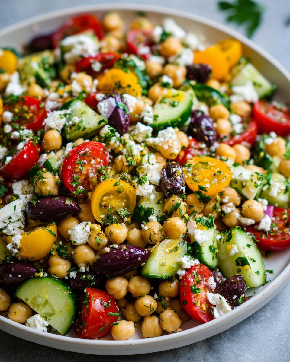 Close-up of a fresh mediterranean chickpea salad featuring chickpeas, cucumbers, tomatoes, feta, and olives.