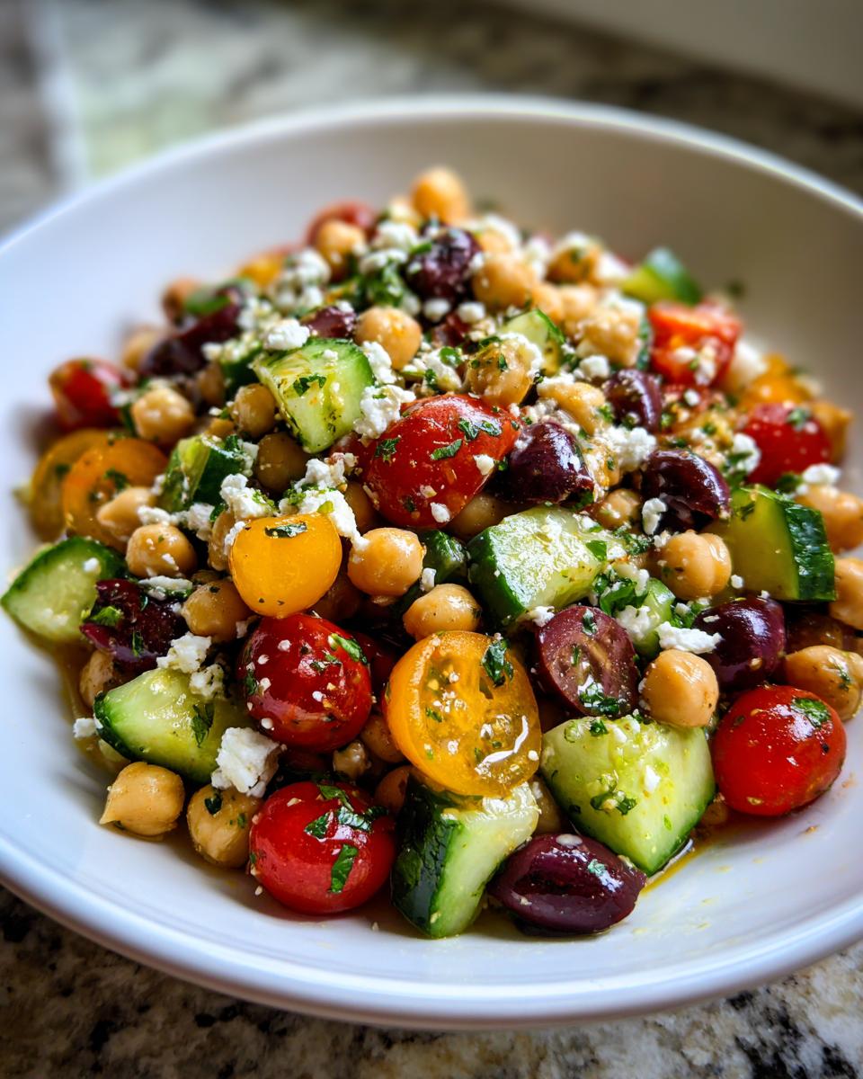A vibrant bowl of mediterranean chickpea salad featuring chickpeas, chopped cucumbers, halved cherry tomatoes, olives, and crumbled feta cheese.