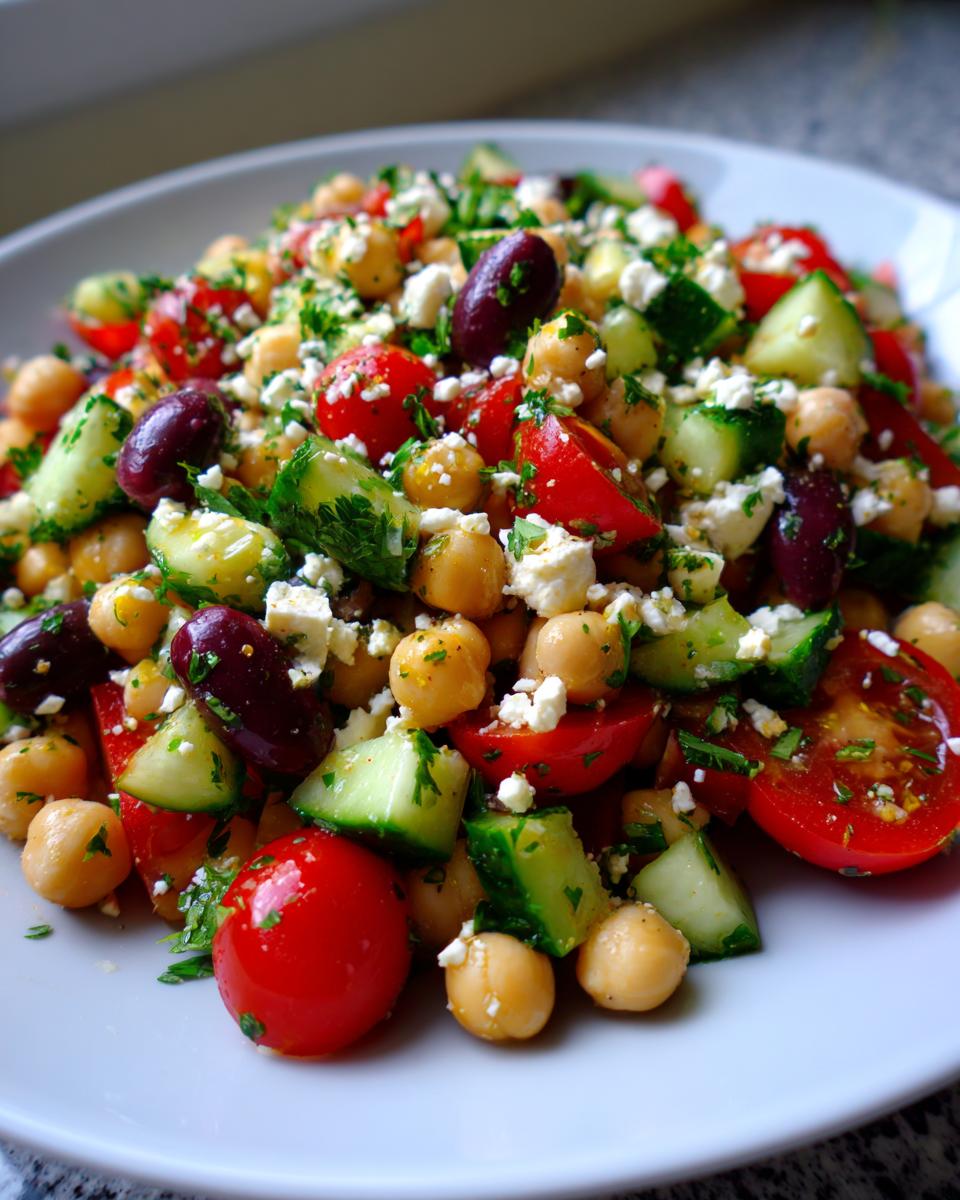 A vibrant close-up of Mediterranean chickpea salad featuring chickpeas, cucumbers, tomatoes, olives, and feta.