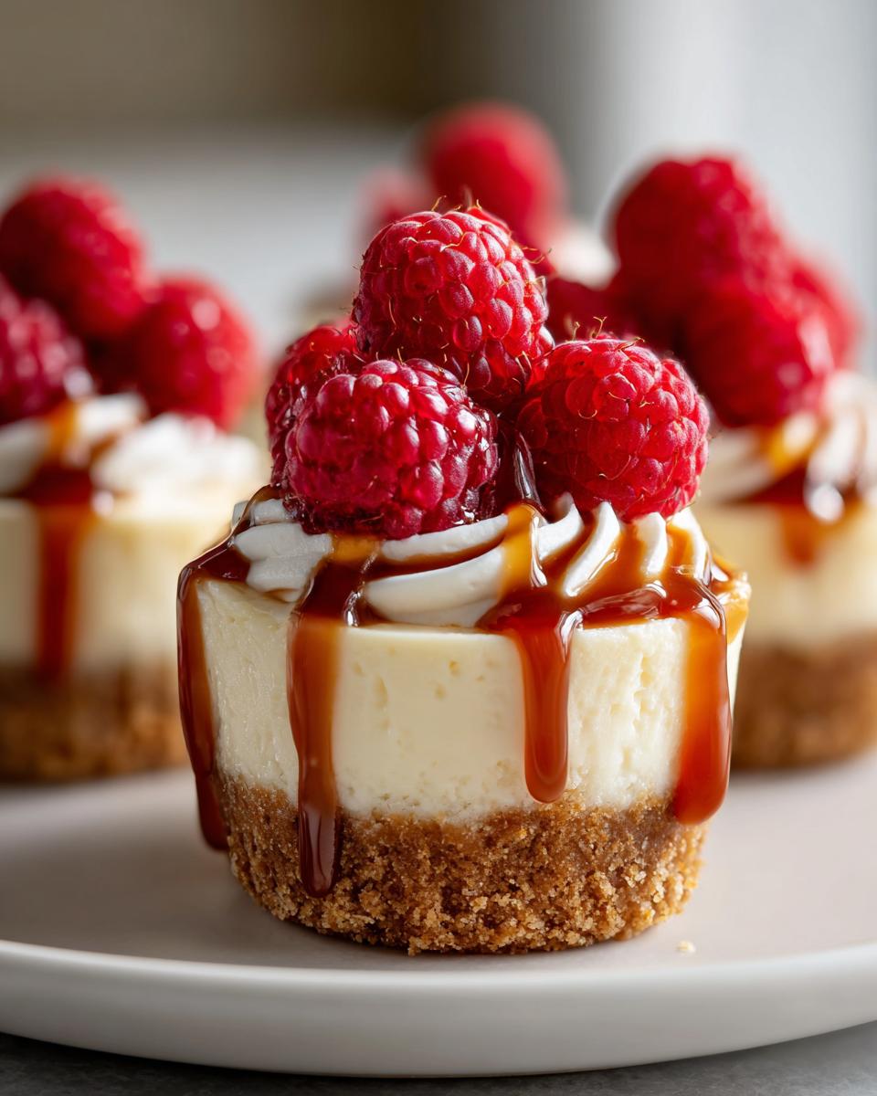 Close-up of a single mini cheesecake topped with whipped cream, fresh raspberries, and drizzled with caramel sauce.