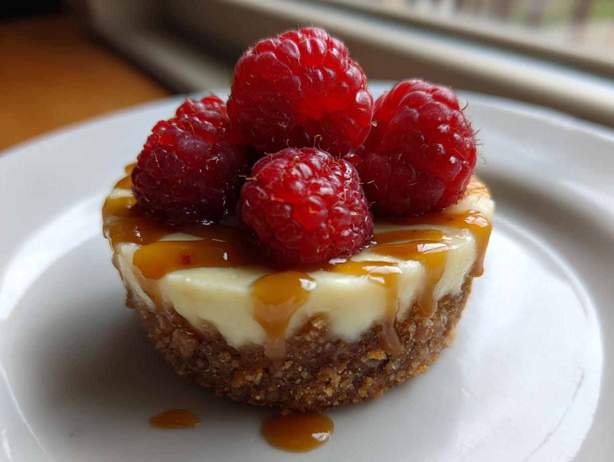 Close-up of a single mini cheesecake topped with fresh raspberries and drizzled caramel sauce.