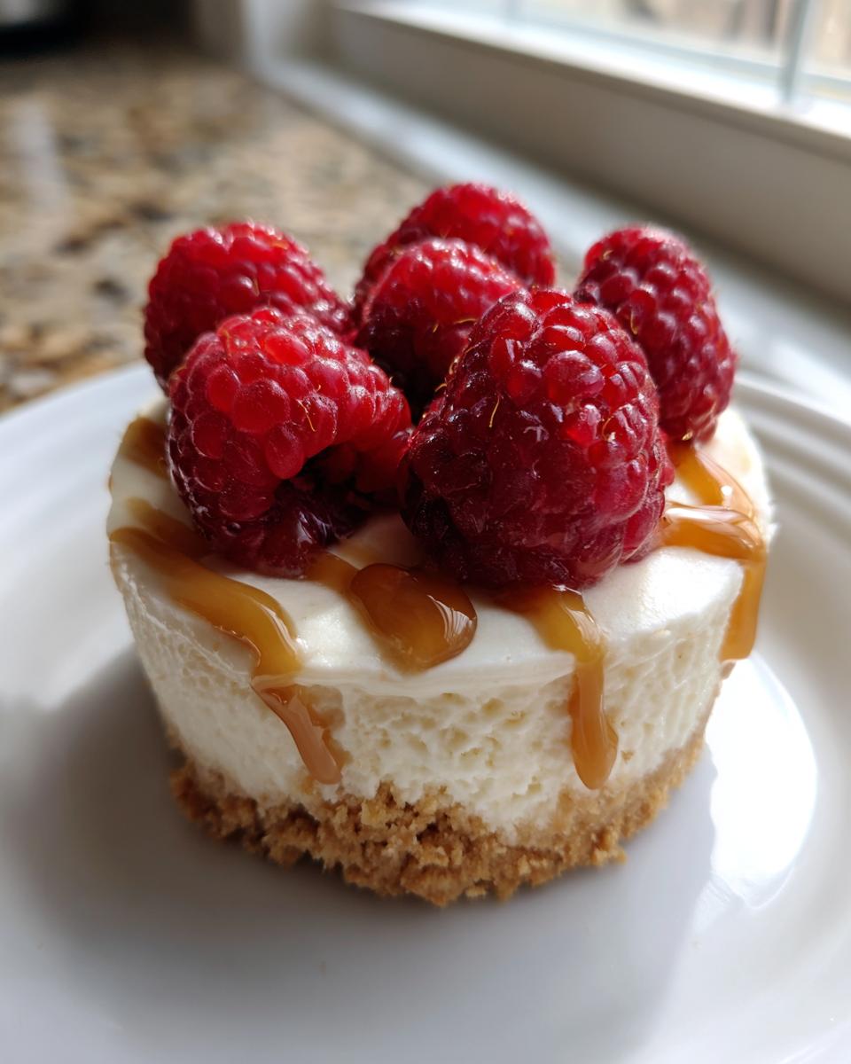 Close-up of a single mini cheesecake bite topped with fresh raspberries and caramel drizzle.