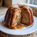 A slice cut from a moist apple dapple cake, revealing a gooey apple filling and topped with a thick caramel sauce.