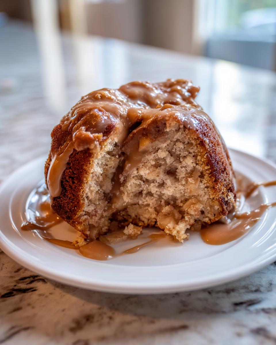 A close-up of a moist slice of apple dapple cake drizzled generously with thick caramel sauce on a white plate.