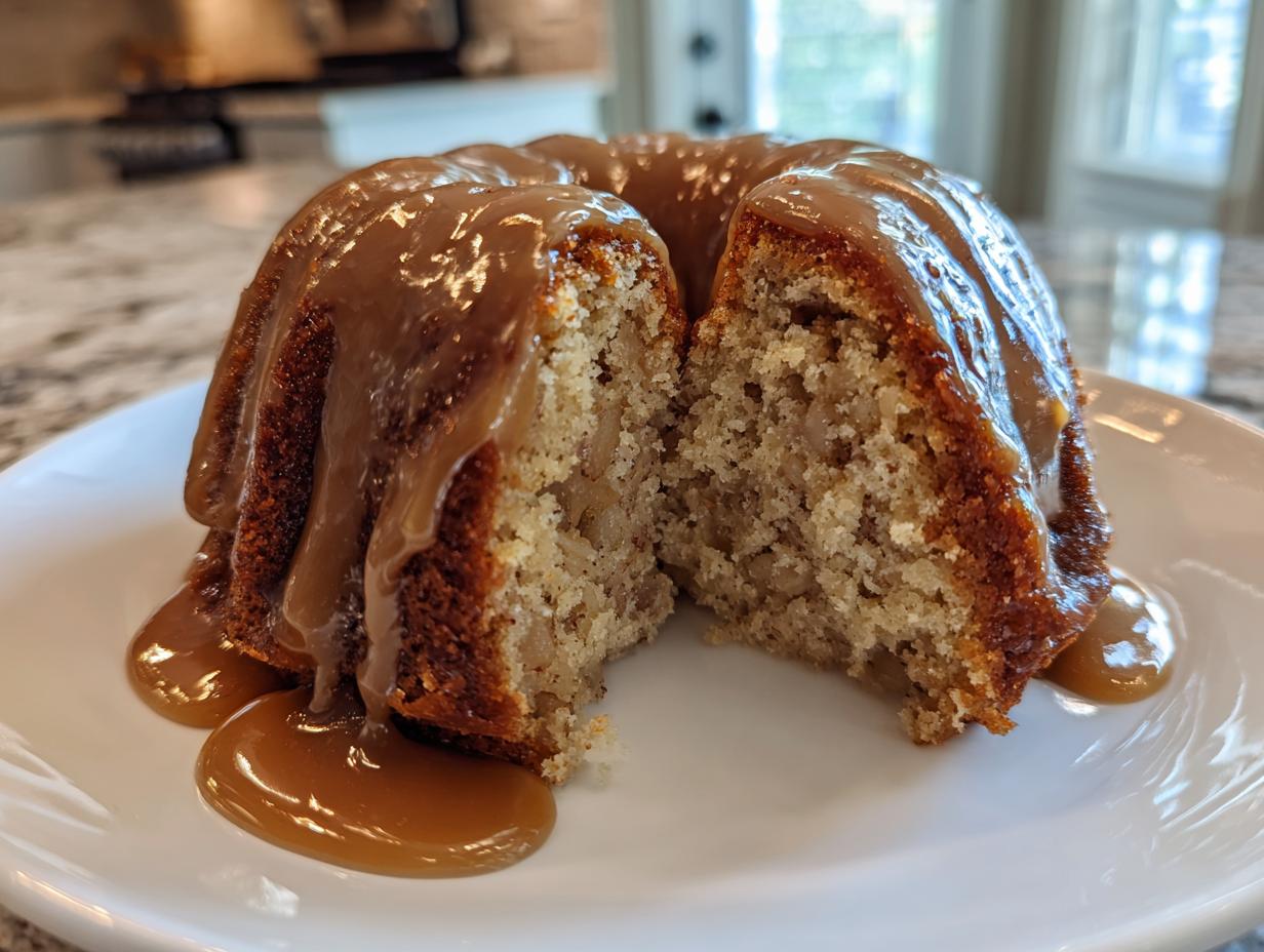 Close-up of a slice of moist apple dapple cake topped with rich caramel sauce on a white plate.