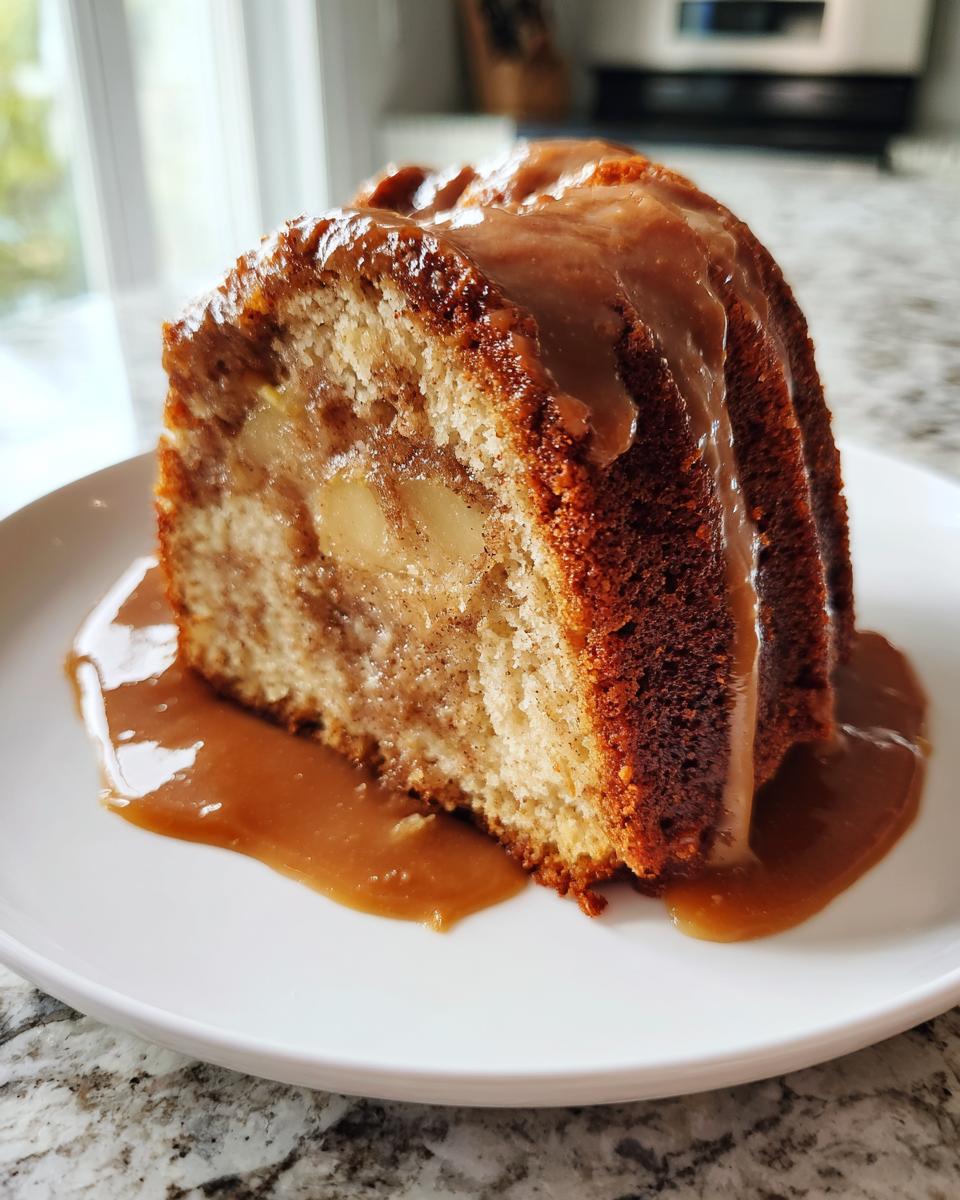 A thick slice of moist apple dapple cake, featuring visible apple chunks, topped with rich caramel sauce.