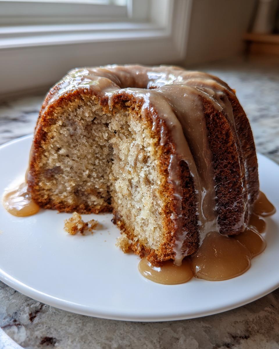 A slice cut from a bundt-style apple dapple cake, generously covered in a thick caramel-colored glaze.