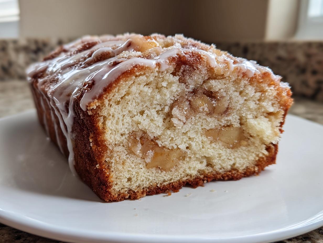 Close-up of a slice of apple fritter bread showing soft crumb, apple chunks, and sweet vanilla glaze.