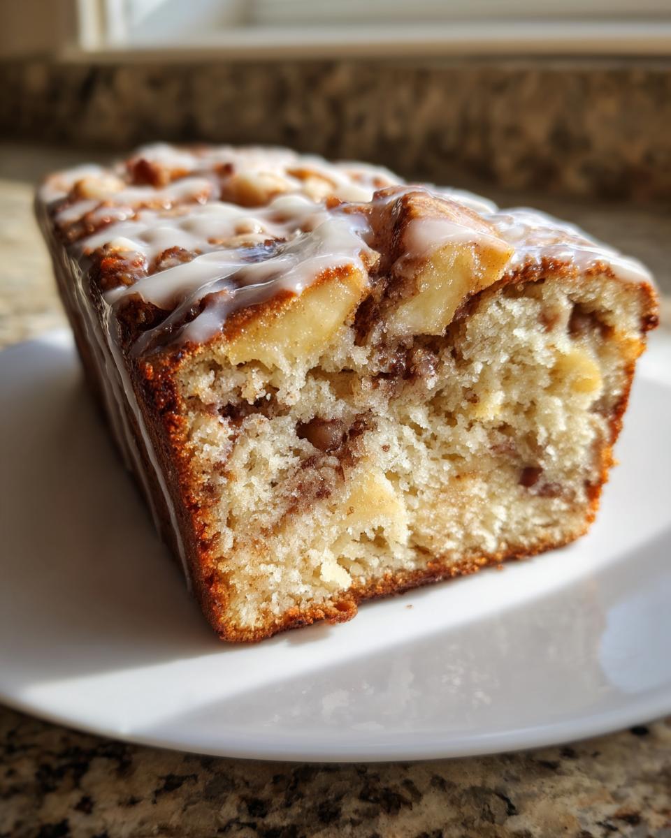 A close-up of a moist slice of apple fritter bread topped with a sweet white glaze, showing chunks of apple inside.