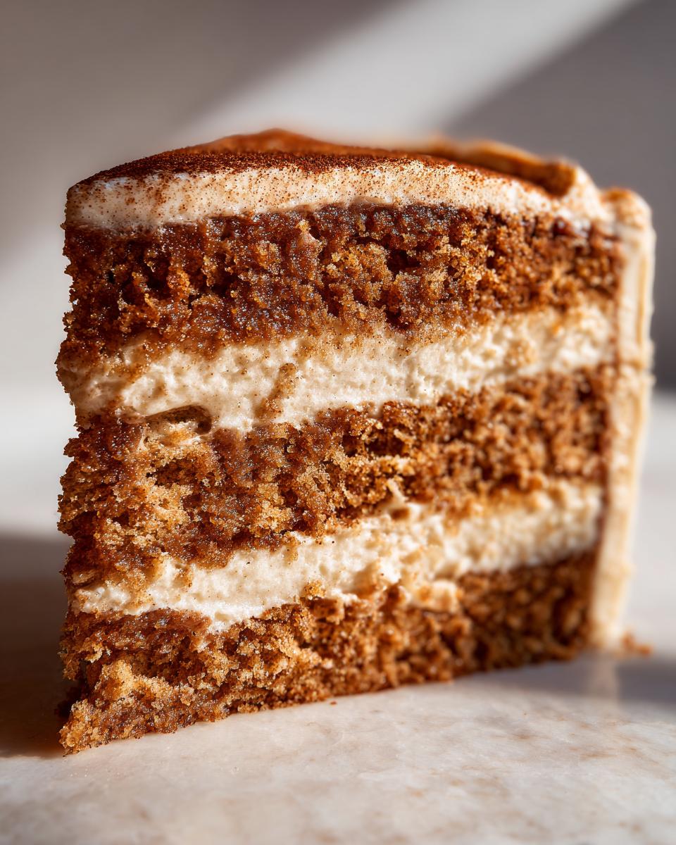 Close-up of a rich, moist slice of applesauce cake showing three layers of dark brown cake separated by thick white frosting.