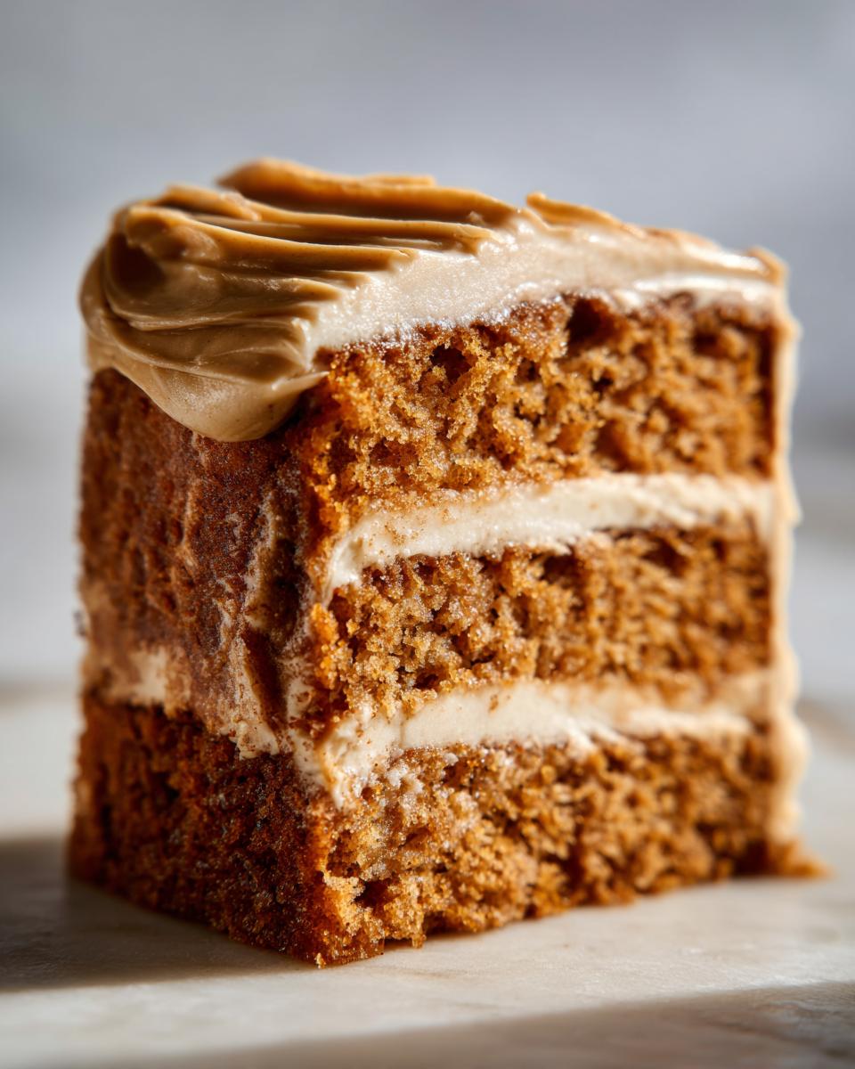 Close-up of a thick slice of moist, spiced applesauce cake layered with creamy brown frosting.