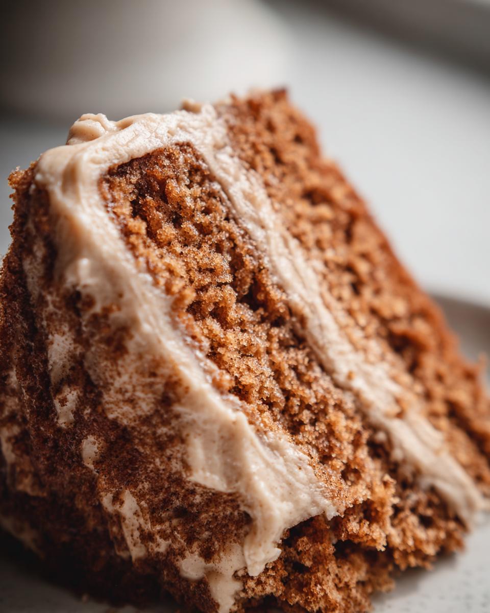 Close-up of a moist slice of applesauce cake layered with light brown, spiced frosting.