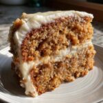 A close-up of a moist slice of applesauce cake layered with thick cream cheese frosting, sitting on a white plate.