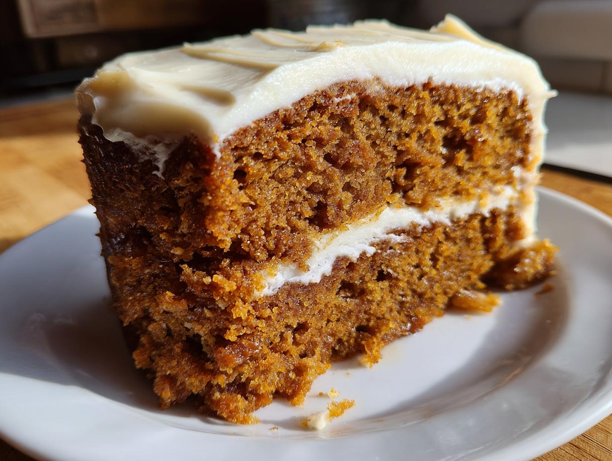 Close-up of a moist slice of applesauce cake layered with white cream cheese frosting.