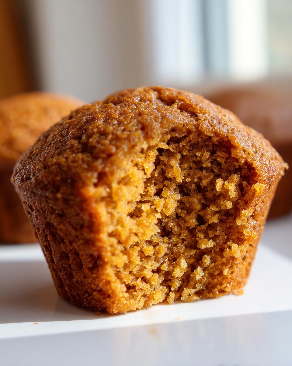 Close-up of a moist bran muffin with a bite removed, showing the crumb texture.