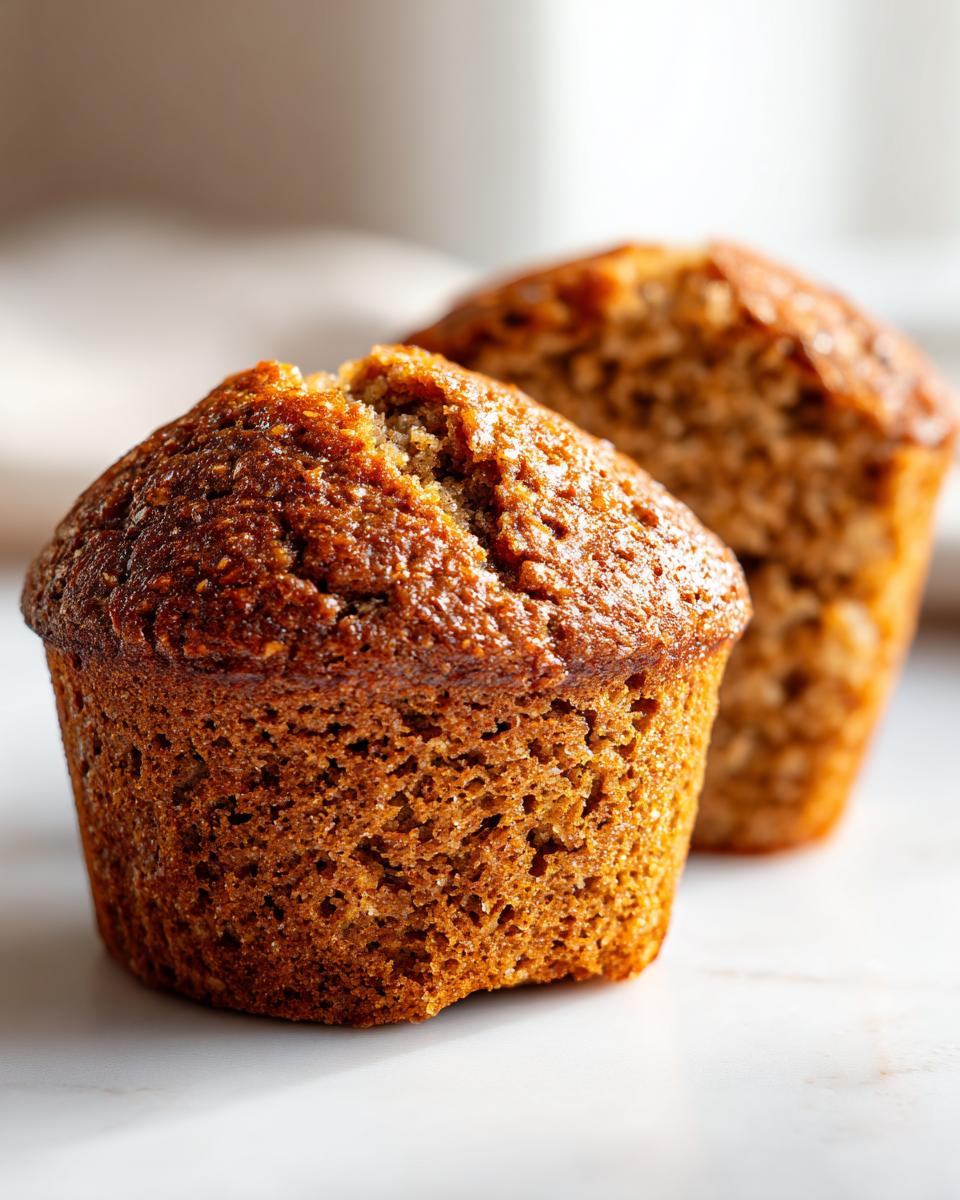 Two dark brown, moist bran muffins sitting on a white marble surface, highlighting their texture.