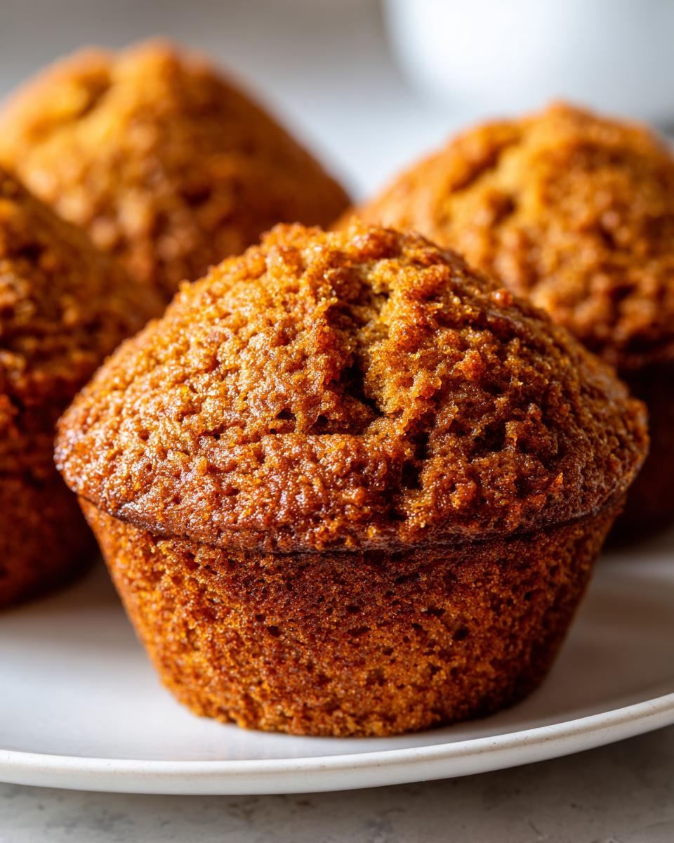 Close-up of a perfectly baked, moist bran muffin with a textured, golden-brown top sitting on a white plate.