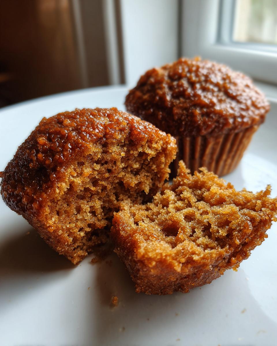 Close-up of a moist bran muffin broken in half showing the crumb texture, with another muffin in the background.