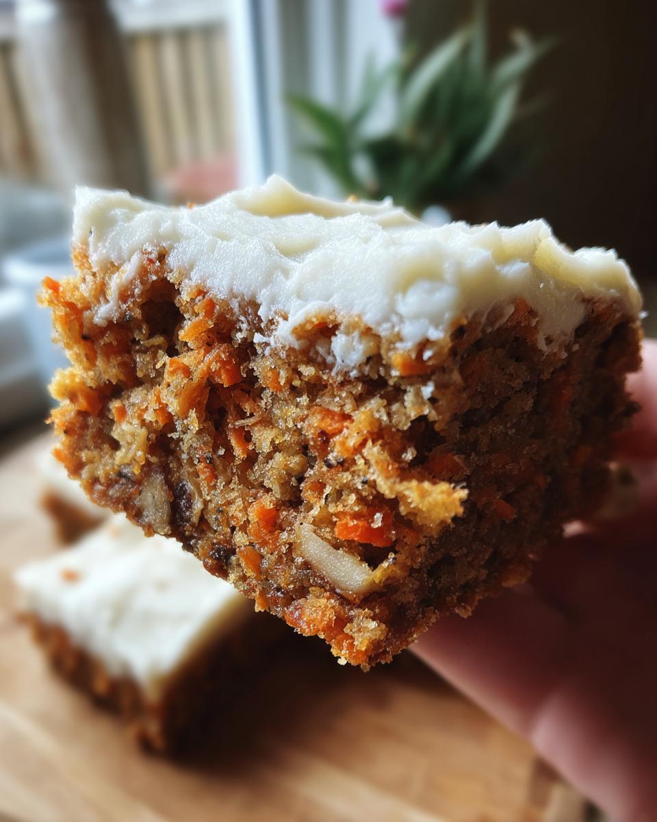 Close-up of a moist carrot cake bars square being held, showing shredded carrots and walnuts inside, topped with thick cream cheese frosting.