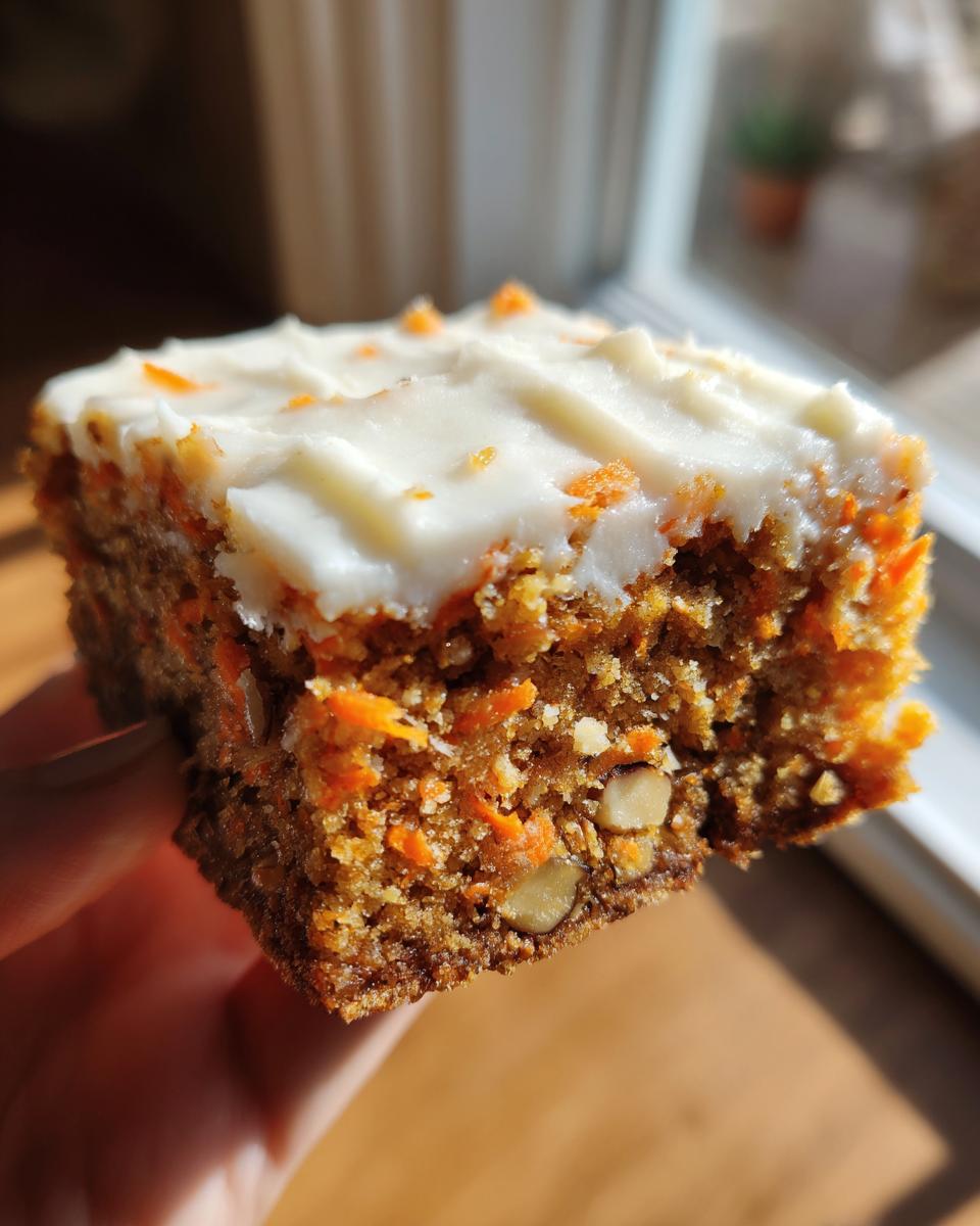 A close-up of a moist carrot cake bars square, topped with thick cream cheese frosting and visible nuts.