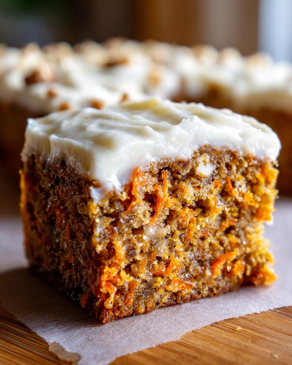 Close-up of a moist square of carrot cake bars topped with thick cream cheese frosting.