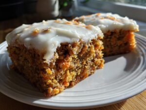Two moist carrot cake bars topped with thick cream cheese frosting, sitting on a white plate.