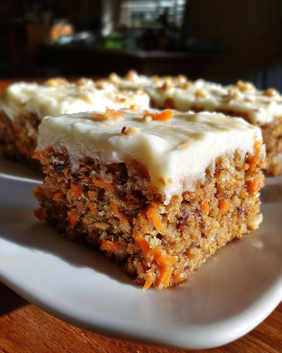 Close-up of a moist carrot cake bars square topped with thick cream cheese frosting and chopped nuts.