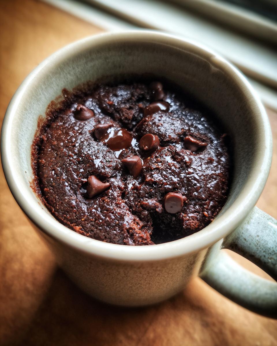 Close-up of a moist chocolate mug cake topped with melted chocolate chips.