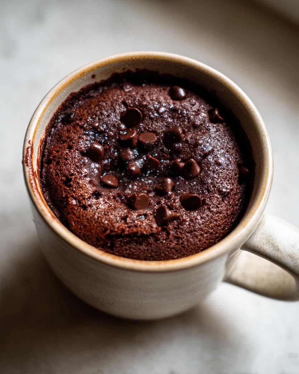 Overhead close-up of a rich, dark chocolate mug cake topped with melted chocolate chips.