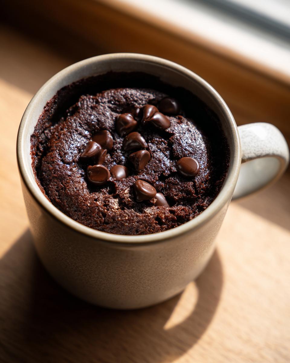 Close-up of a rich, dark chocolate mug cake topped with melted chocolate chips, ready to eat.