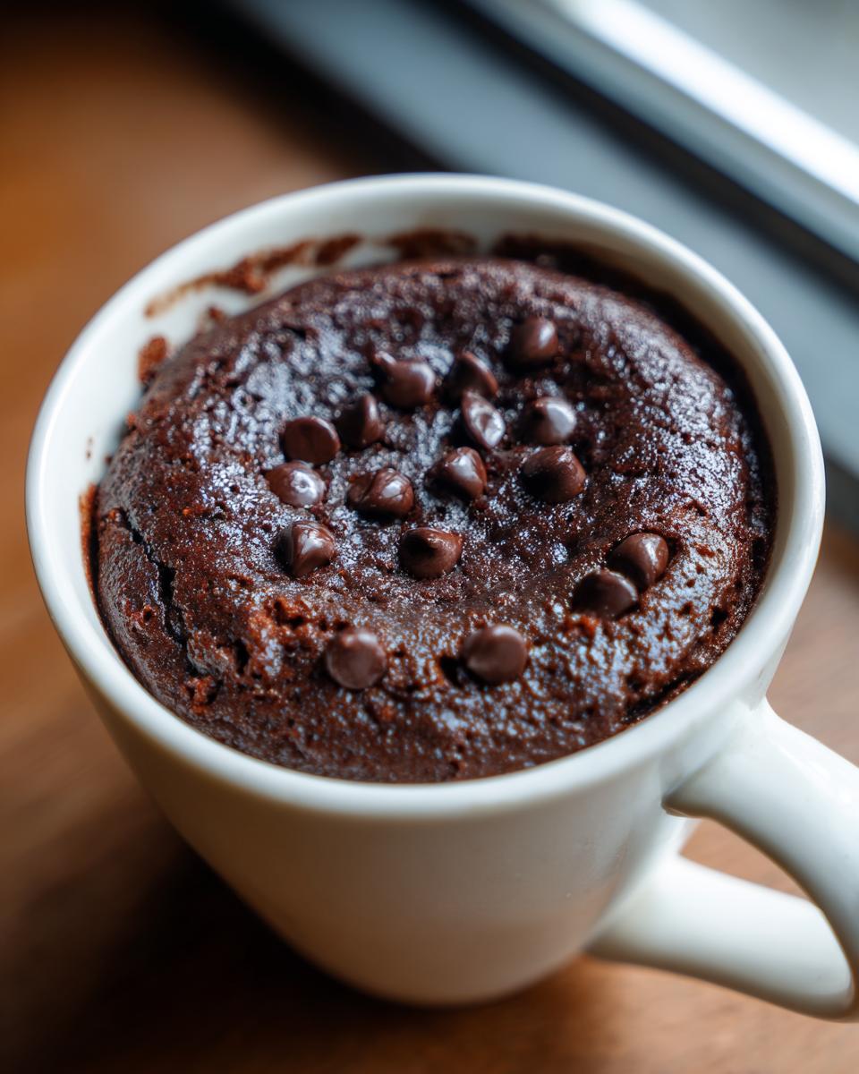 Close-up of a moist chocolate mug cake topped with melted chocolate chips, ready to eat.