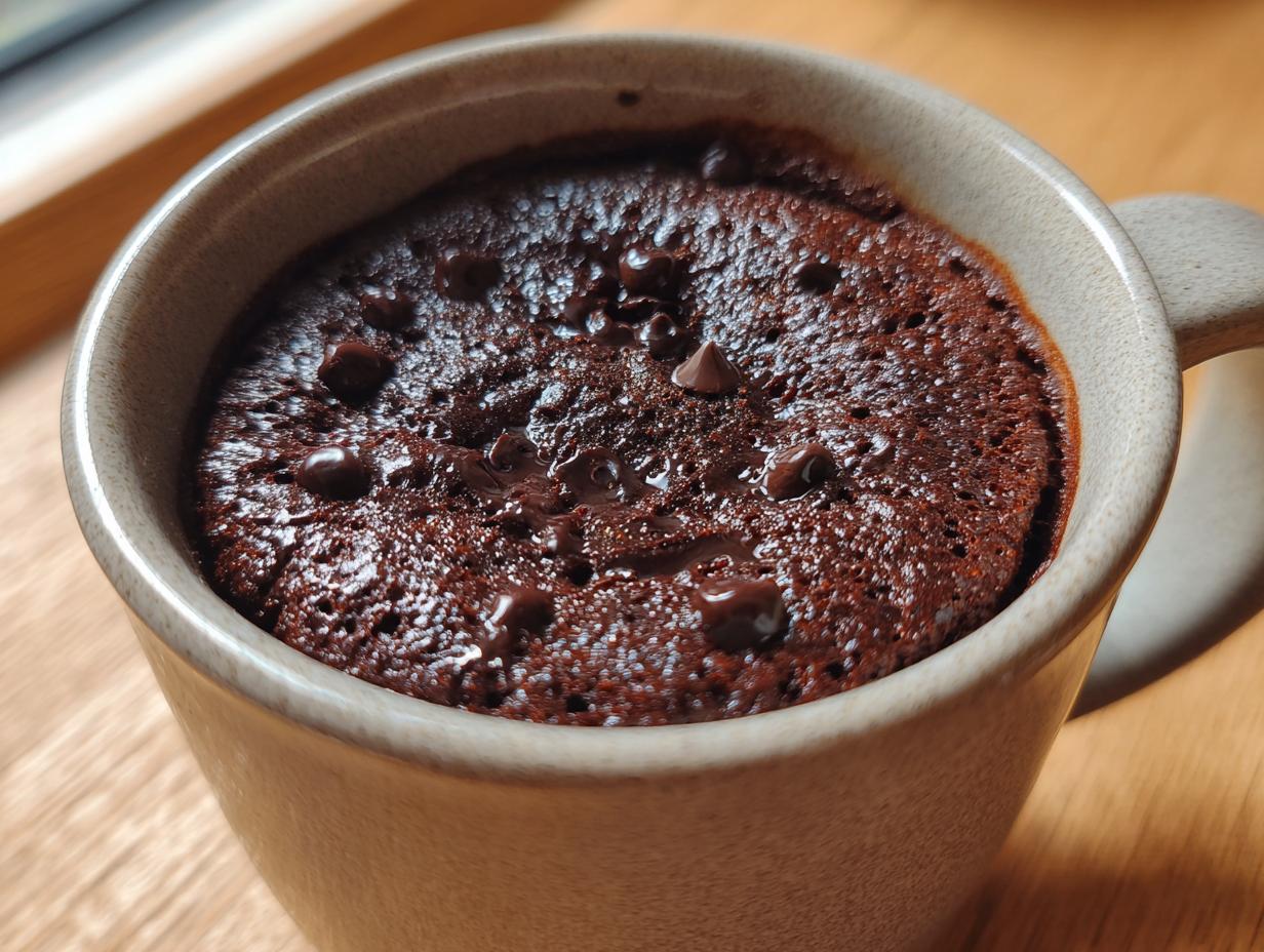 Close-up of a moist chocolate mug cake topped with melted chocolate chips, ready to eat.