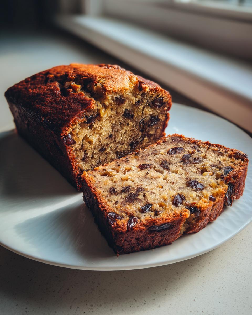 A loaf of freshly baked date nut bread with one thick slice cut, showing moist interior texture and raisins.